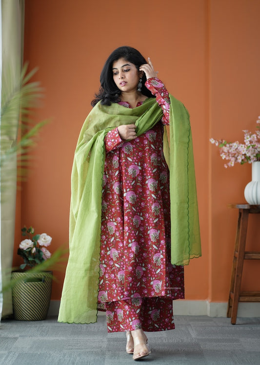 Nyra Red 3-Piece Cotton Co-ord set