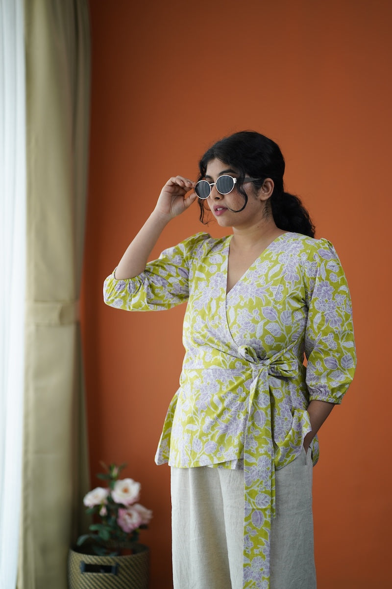 green cotton wrap top