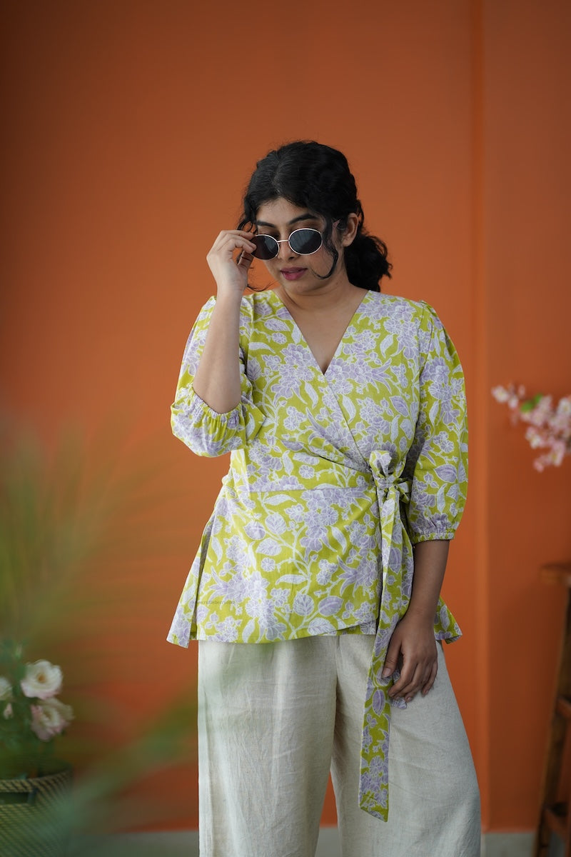 green cotton wrap top