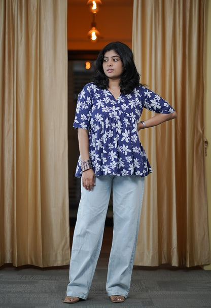 Dark Blue Floral Alia Cut Short Kurti