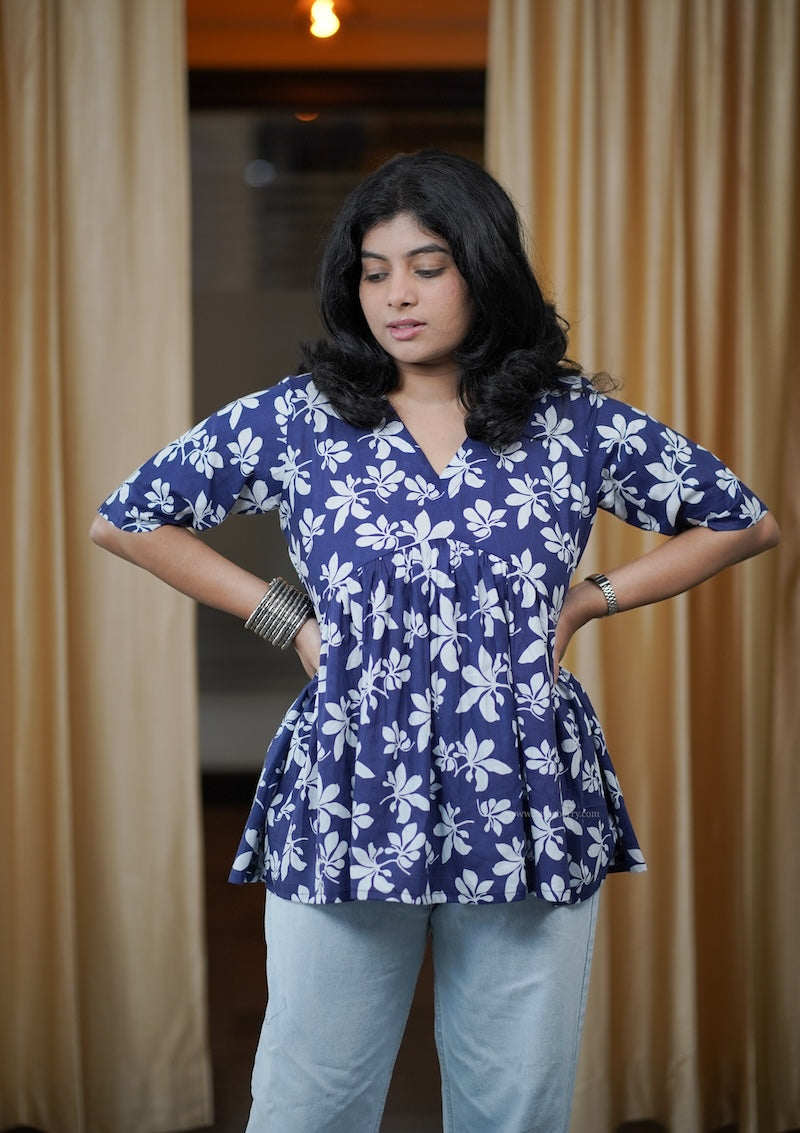 dark blue floral alia cut short kurti