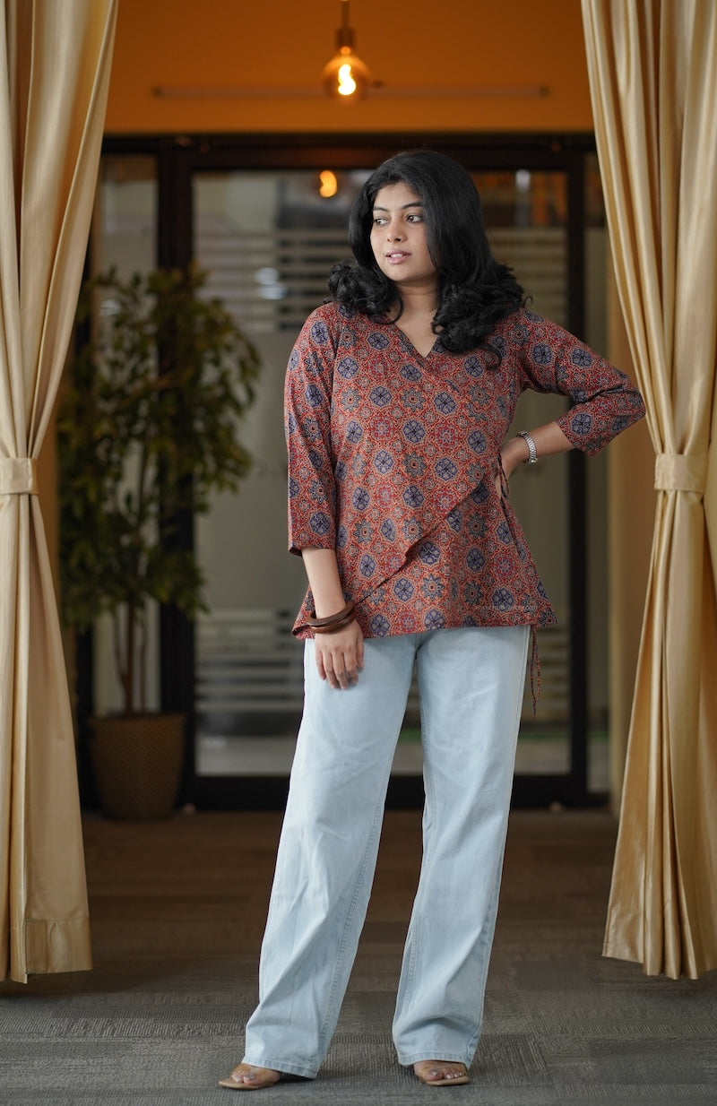 red ajrakh wrap style short kurti