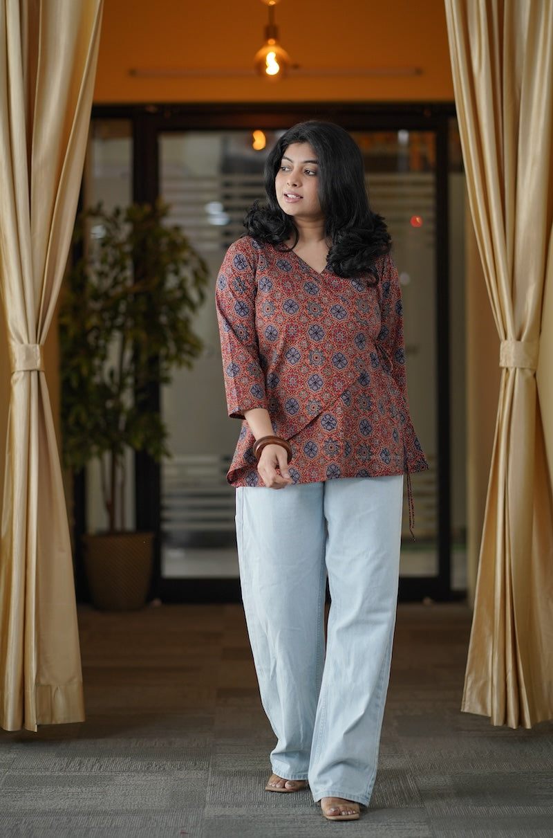 red ajrakh wrap style short kurti