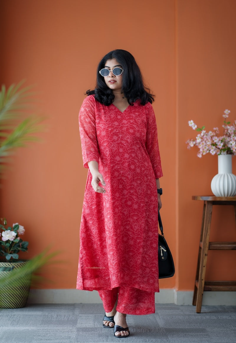 taara red georgette co-ord set