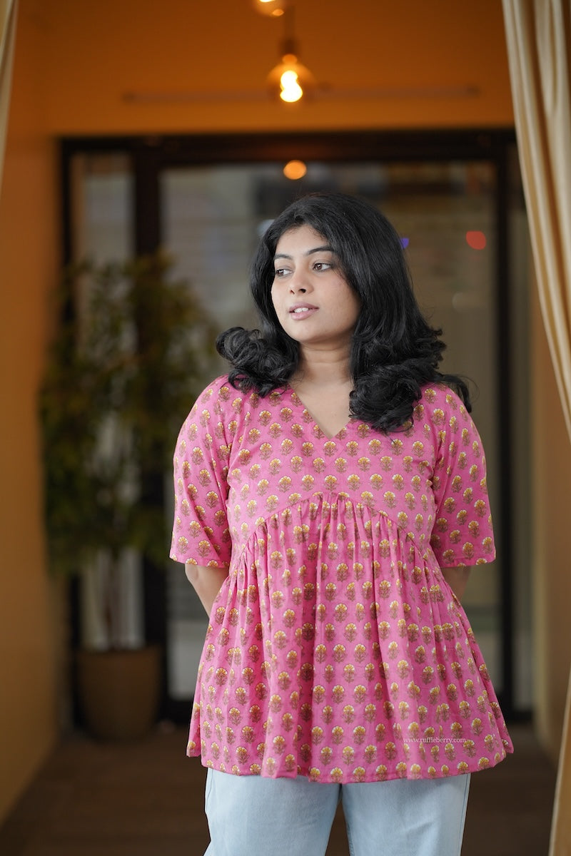 pink motifs alia cut short kurti