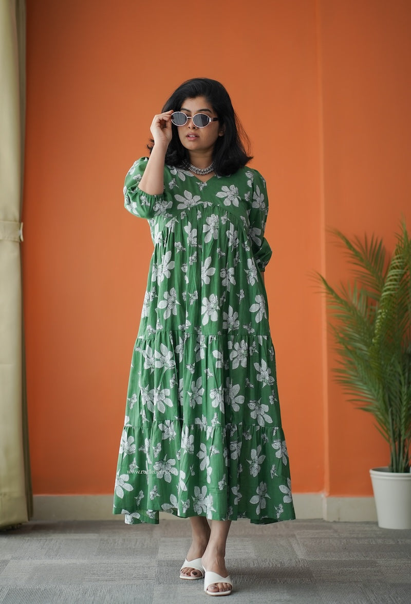 hazelshine green floral cotton tier dress