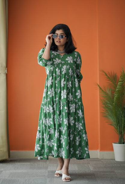 Hazelshine Green Floral Cotton Tier Dress