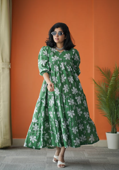 Hazelshine Green Floral Cotton Tier Dress