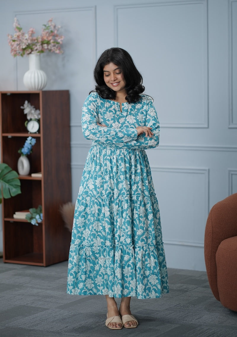 garden blue floral cotton tier dress