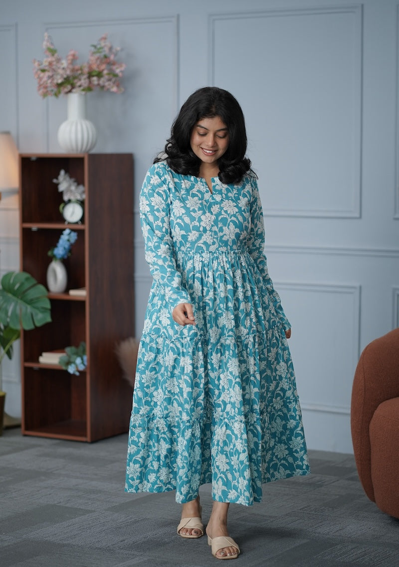 garden blue floral cotton tier dress