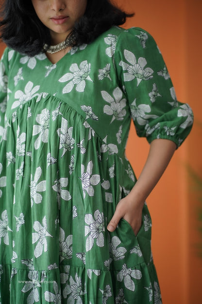 Hazelshine Green Floral Cotton Tier Dress