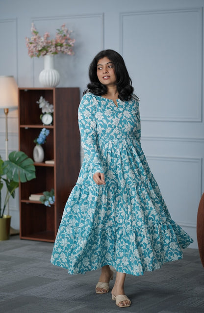 Garden Blue Floral Cotton Tier Dress
