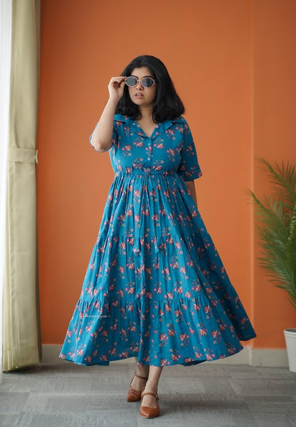 Hazelshine Teal Cotton Shirt Tier Dress