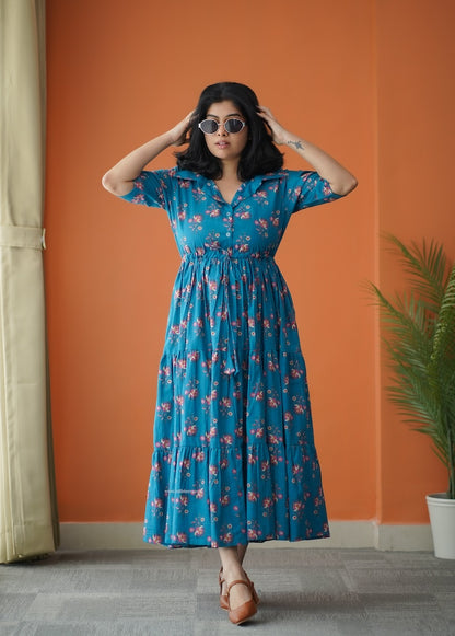 Hazelshine Teal Cotton Shirt Tier Dress