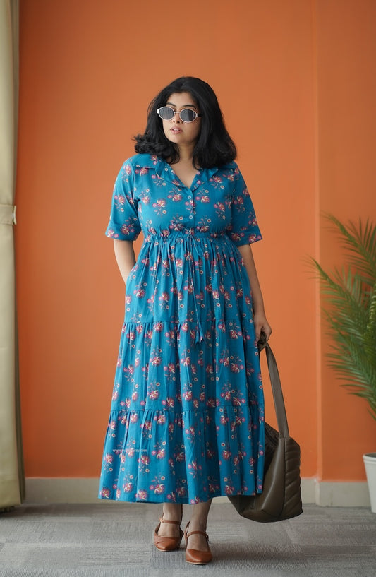Hazelshine Teal Cotton Shirt Tier Dress