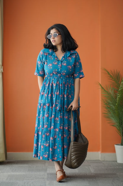 Hazelshine Teal Cotton Shirt Tier Dress