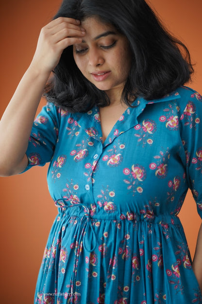 Hazelshine Teal Cotton Shirt Tier Dress