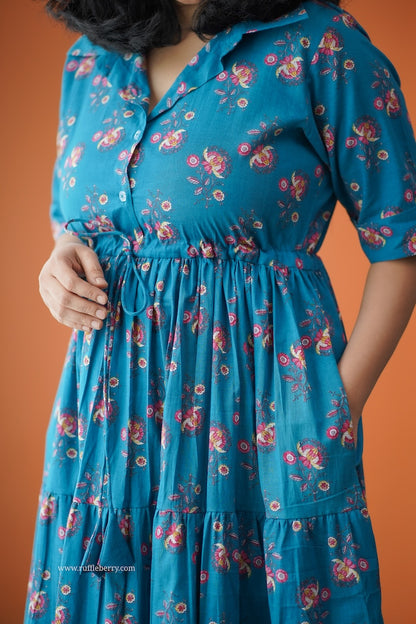 Hazelshine Teal Cotton Shirt Tier Dress