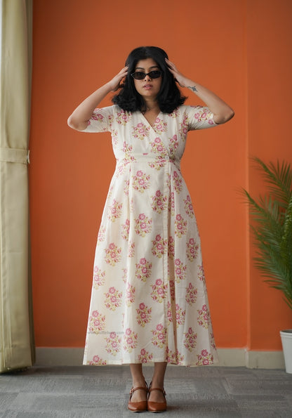 Hazelshine Off-White Cotton Button Wrap Dress