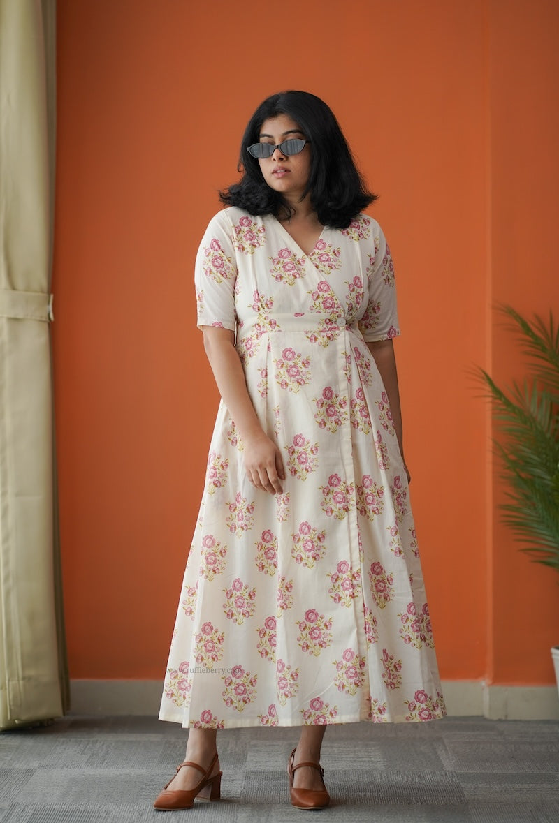 hazelshine off-white cotton button wrap dress