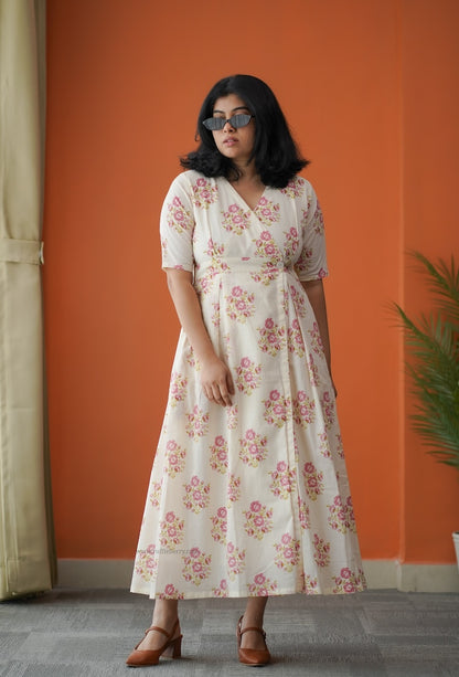 Hazelshine Off-White Cotton Button Wrap Dress