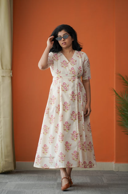 Hazelshine Off-White Cotton Button Wrap Dress