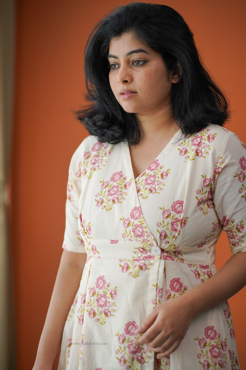 hazelshine off-white cotton button wrap dress