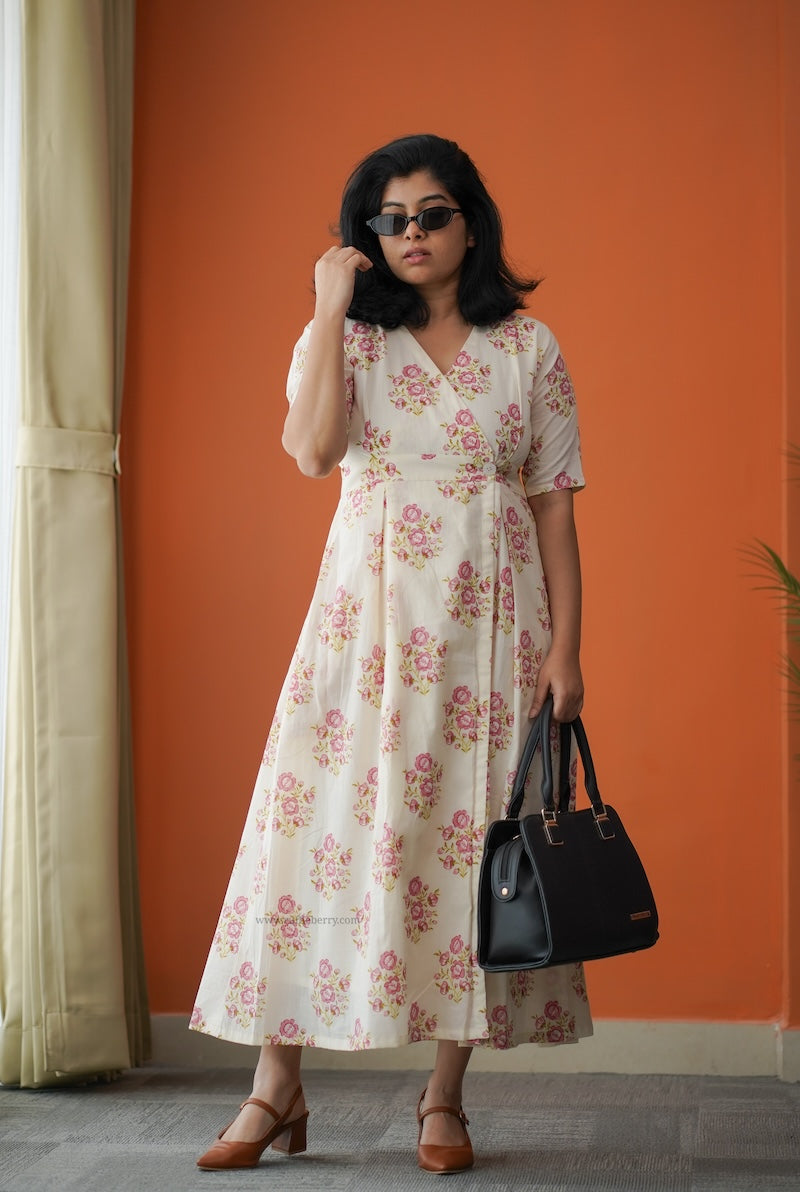 hazelshine off-white cotton button wrap dress