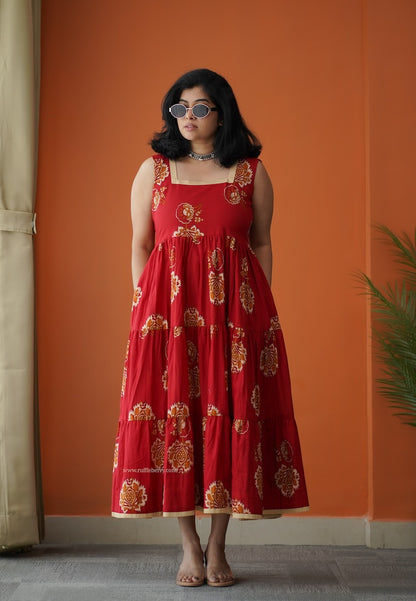 Hazelshine Tomato Red Cotton Tier Dress