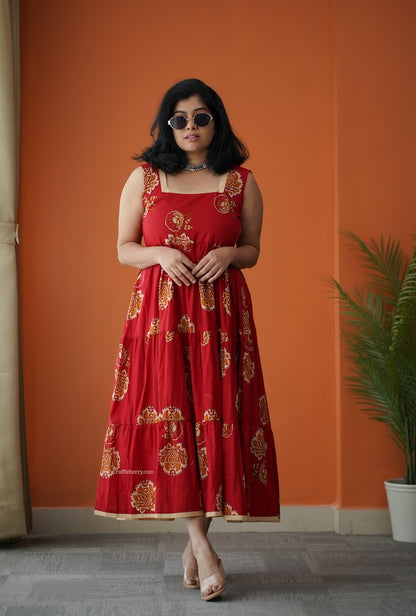 Hazelshine Tomato Red Cotton Tier Dress