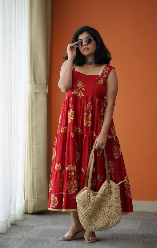 Hazelshine Tomato Red Cotton Tier Dress
