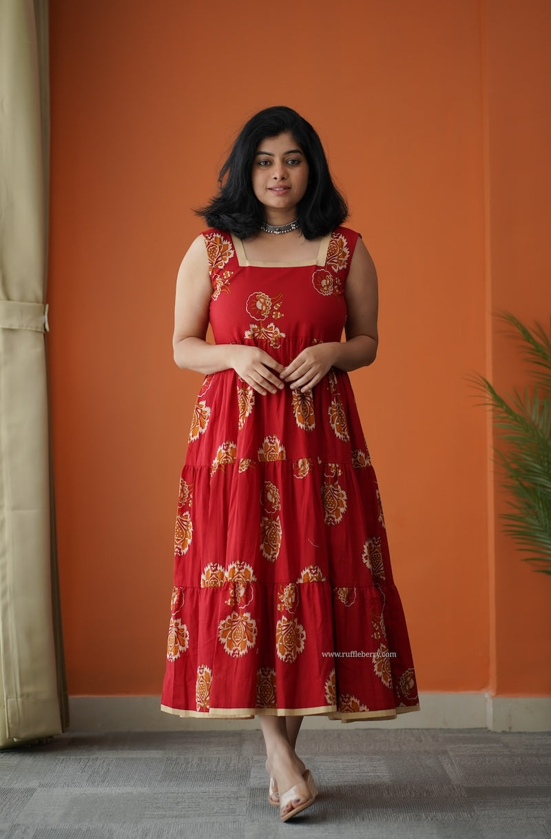hazelshine tomato red cotton tier dress