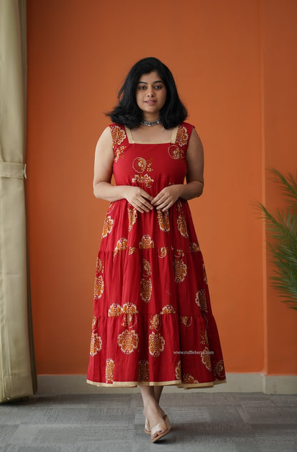 Hazelshine Tomato Red Cotton Tier Dress