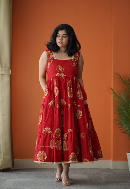 Hazelshine Tomato Red Cotton Tier Dress