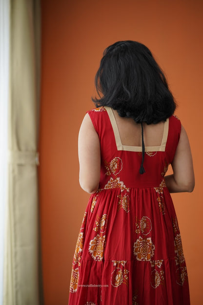 Hazelshine Tomato Red Cotton Tier Dress