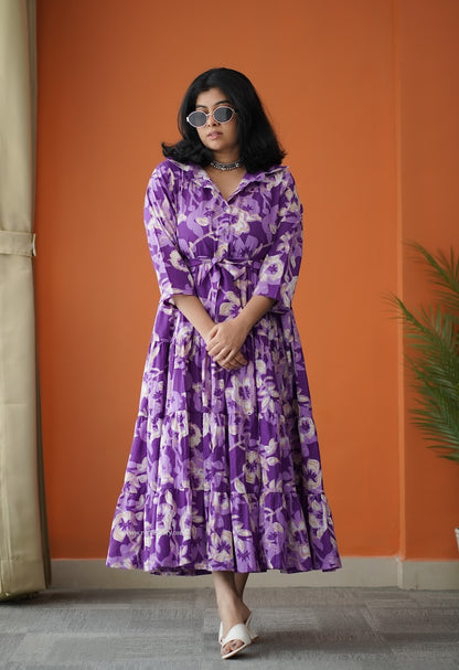 Hazelshine Violet Cotton Shirt Tier Dress