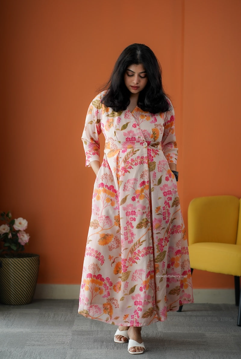 rimjim cream georgette button wrap dress