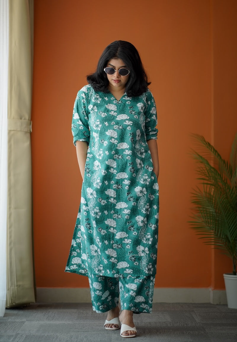 bloom green floral cotton co-ord set