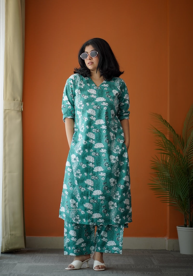 bloom green floral cotton co-ord set