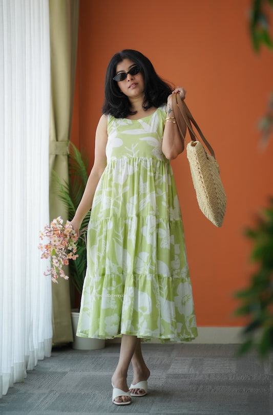 Hazelshine Pastel Green Cotton Tier Dress