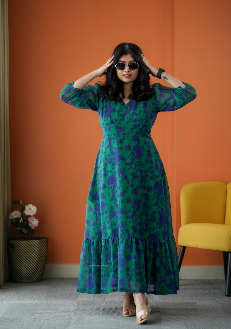 rimjim forest green georgette a-line dress