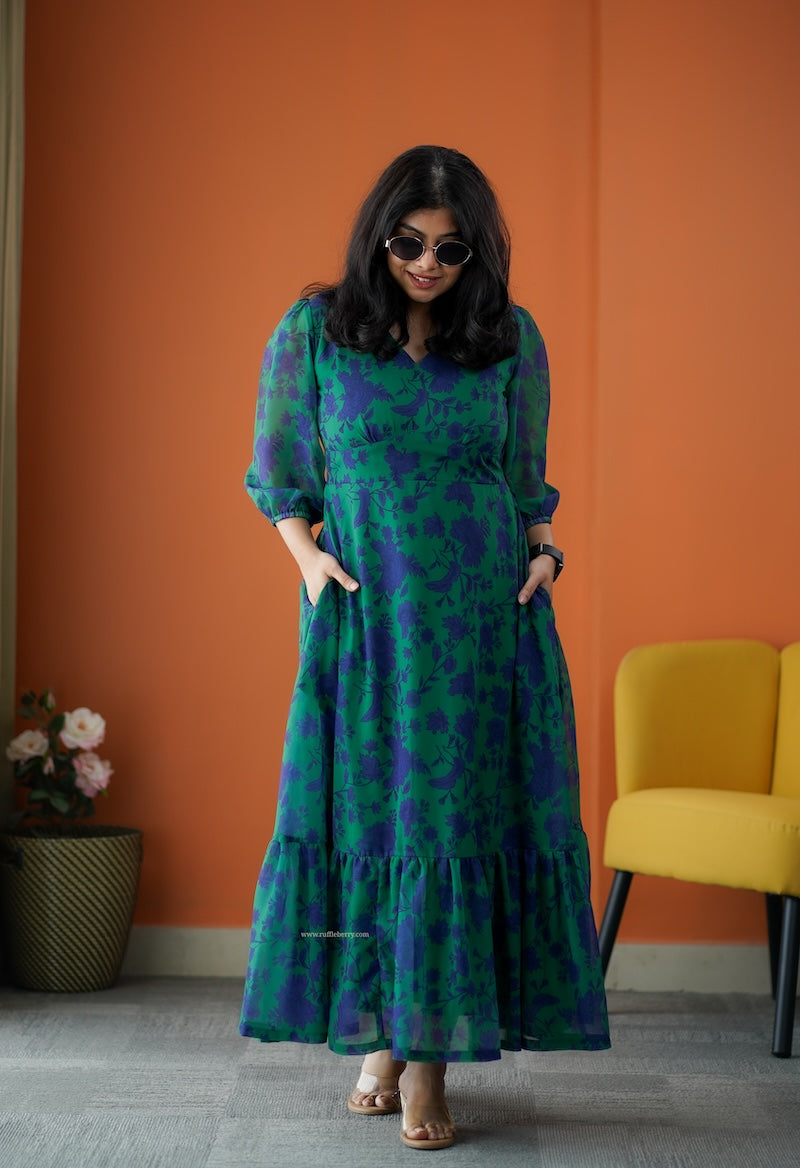 rimjim forest green georgette a-line dress