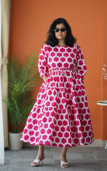 Hazelshine Pink Floral Cotton Tier Dress