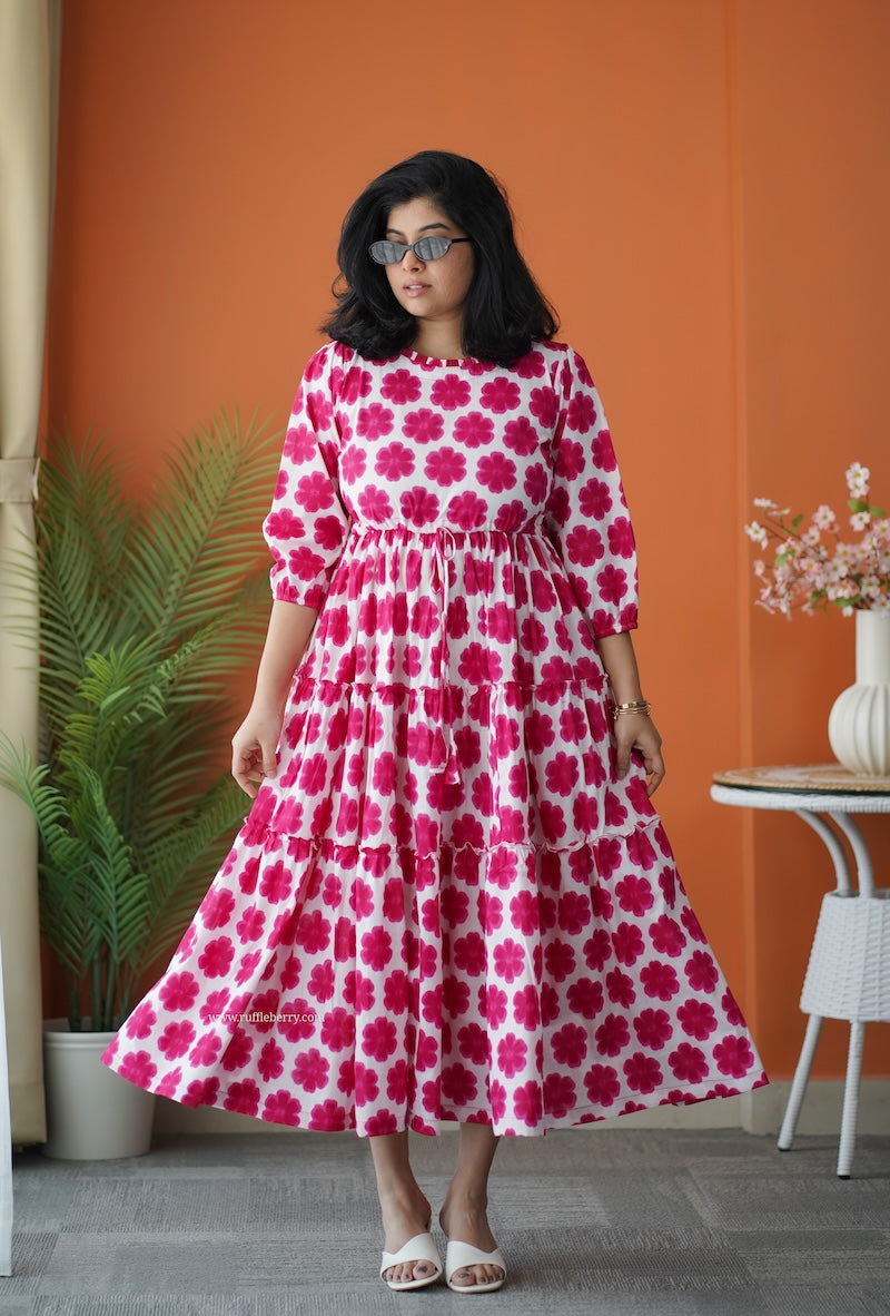 hazelshine pink floral cotton tier dress