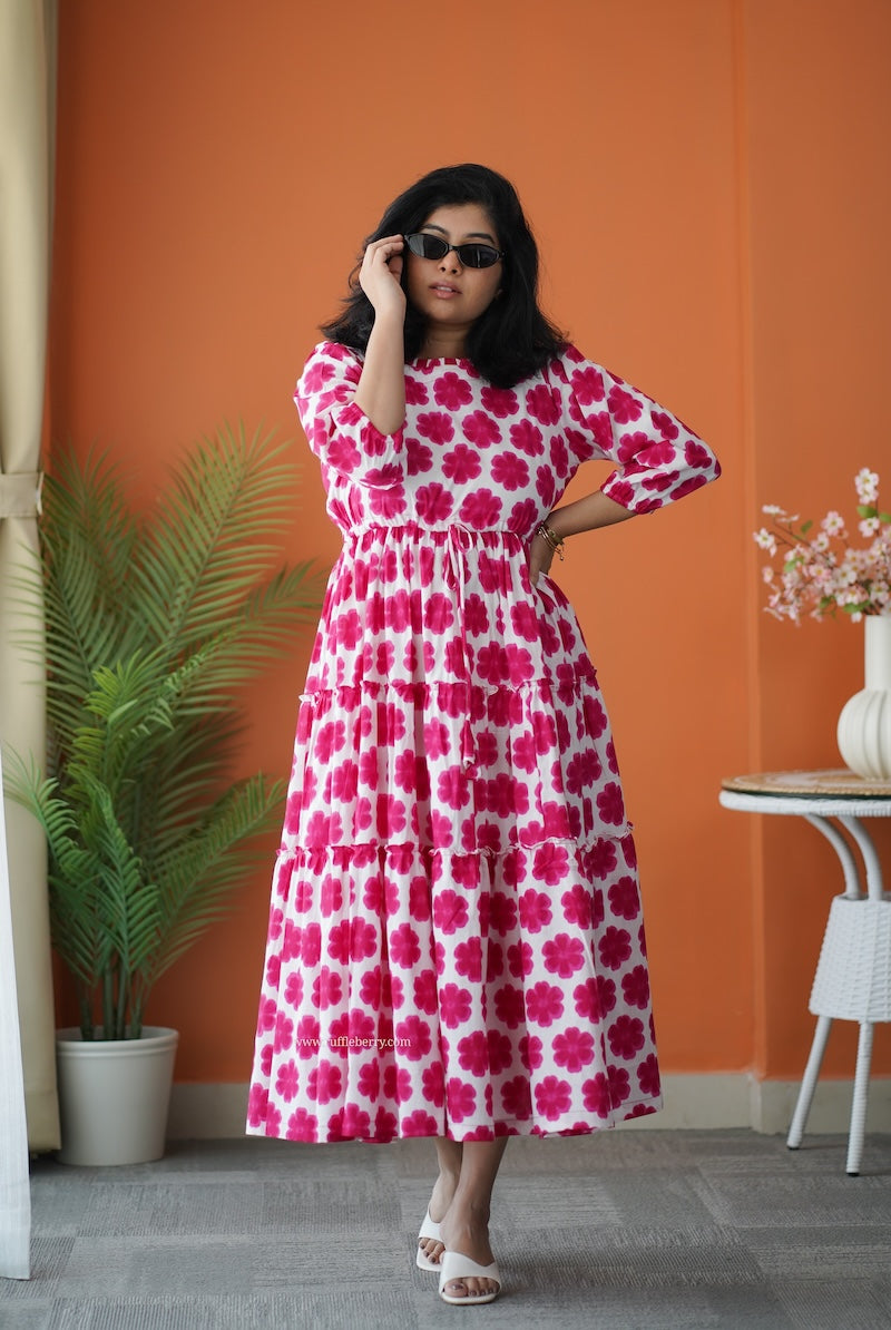 hazelshine pink floral cotton tier dress