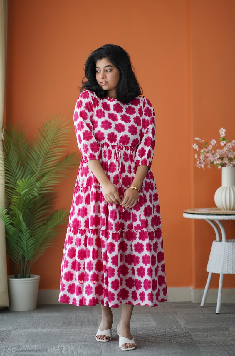 hazelshine pink floral cotton tier dress