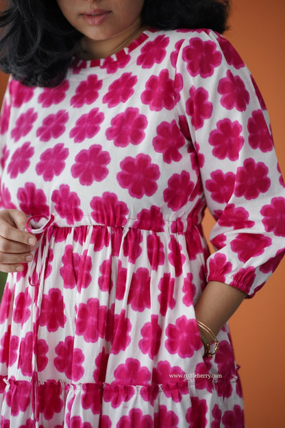 Hazelshine Pink Floral Cotton Tier Dress