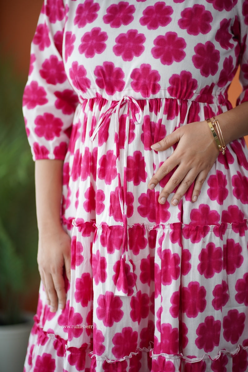 hazelshine pink floral cotton tier dress
