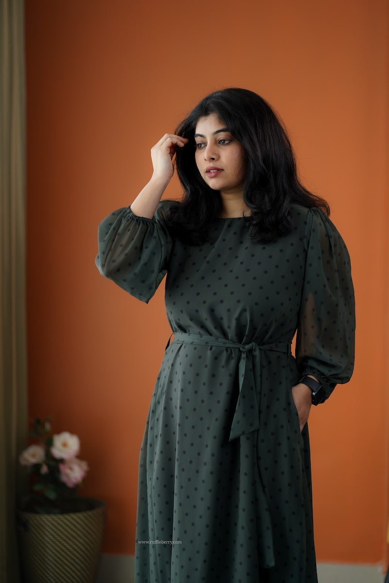 rimjim olive green georgette a-line dress