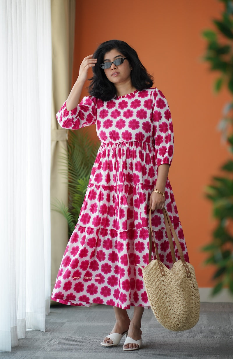 hazelshine pink floral cotton tier dress